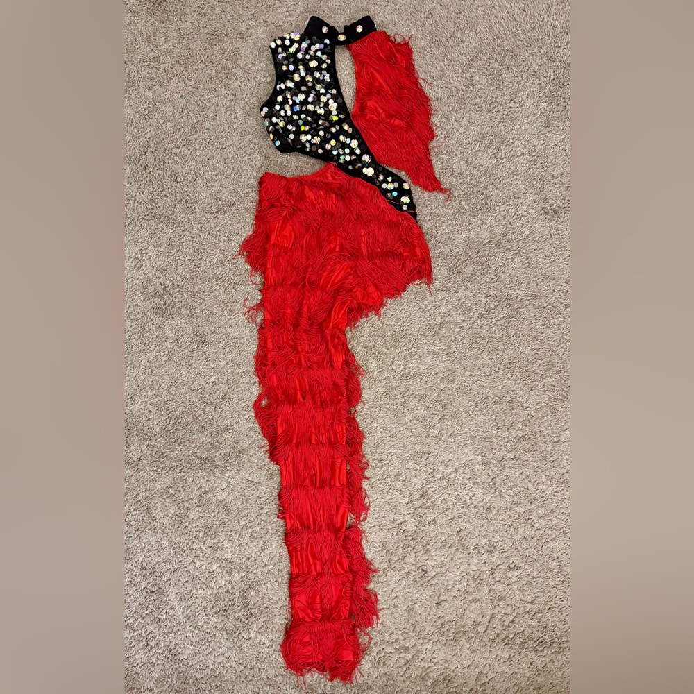 Glamour Red Fringe One-Leg Ballroom Costume  with Sequin Accent - Size M